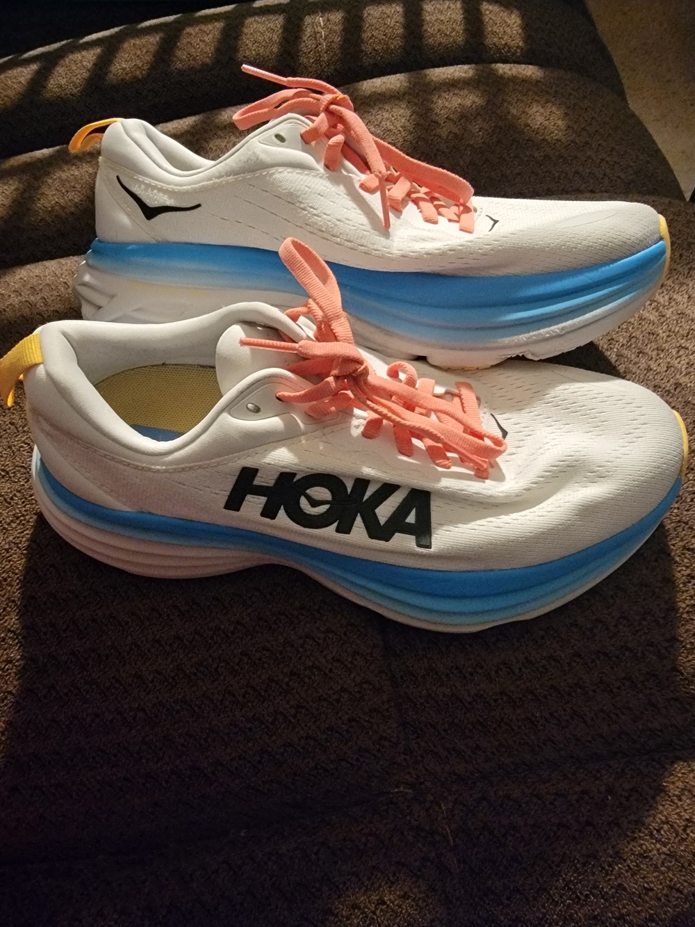 Hoka BONDI 8 Women's White Running Shoes w Blue Midsole/Coral Laces